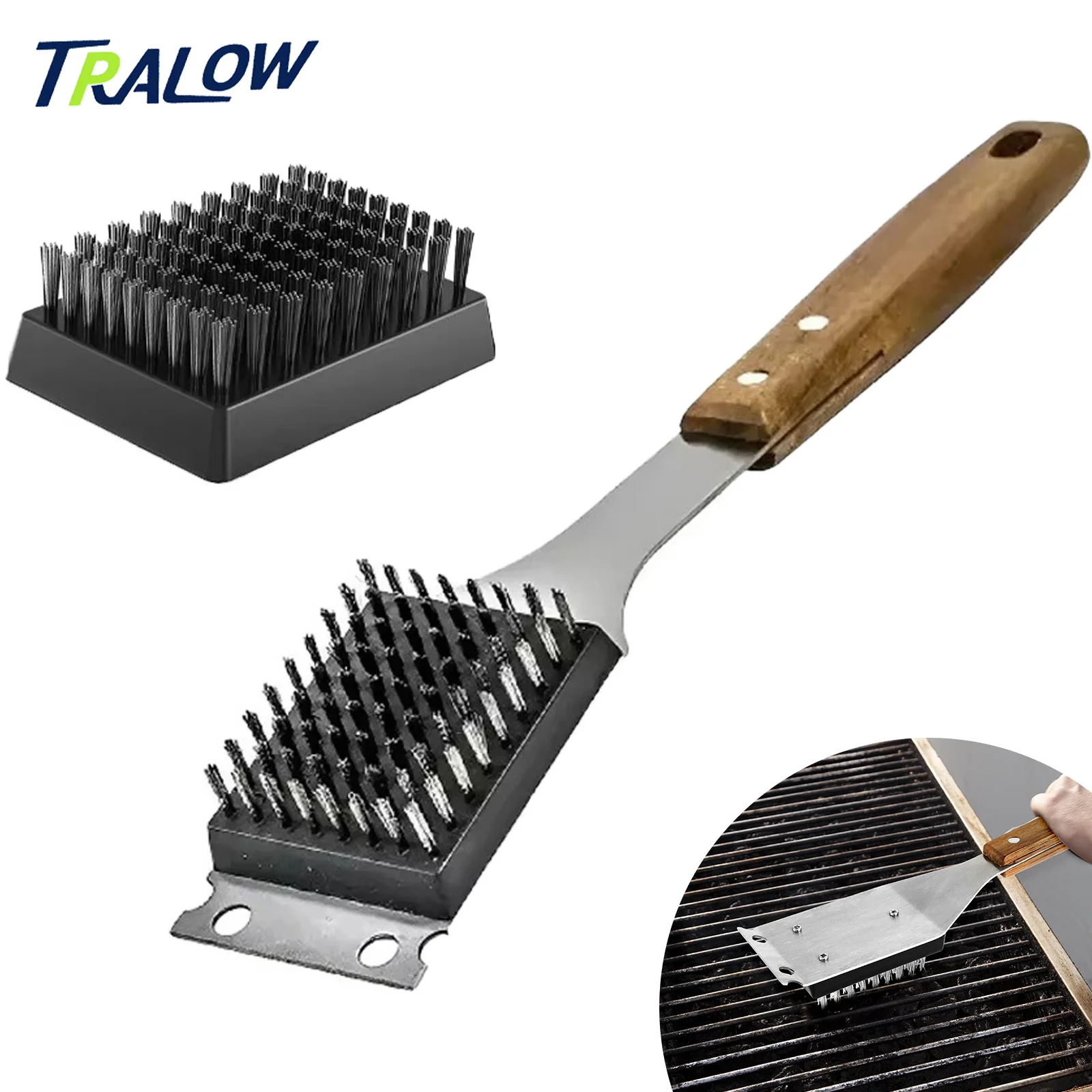 TRALOW Stainless Steel BBQ Grill Brush Grills Brush with Extended Large Wooden Handle Cleaning Brush Camping