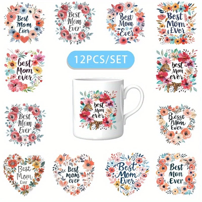 12PCS/SET Mother's Day Love Wreath DIY Skinny Tumblers Wrap Decorative Transfer Paper UV DTF High Self-adhensive Wraps