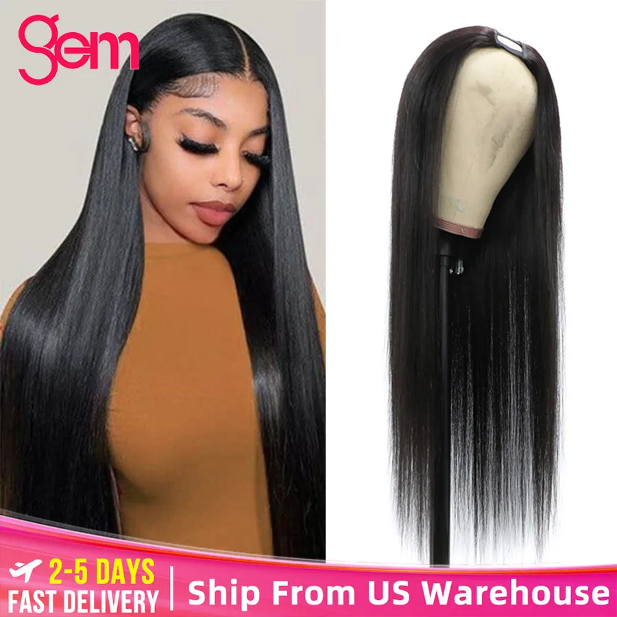 U Part Human Hair Wigs Straight Wigs 180 Density Brazilian Virgin Glueless Full Machine Made Middle Part Wigs For Black Women