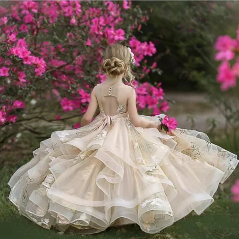 

Flower Girl Dresses Exquisite Sleeveless O-Neck Floor-Length Baby Girl Wedding Princess Birthday Party First Communion Gown