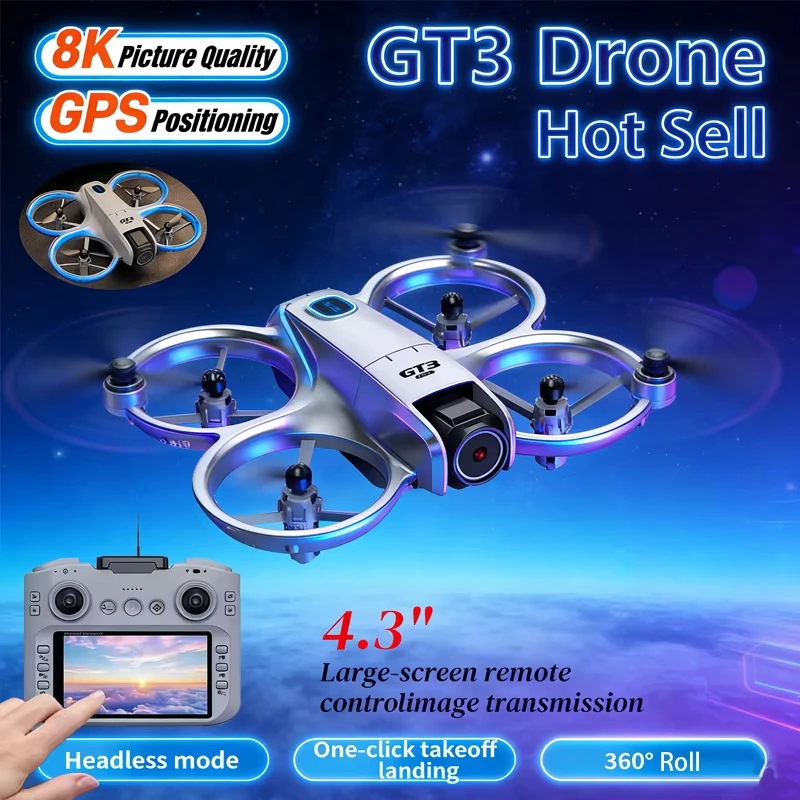 Dron GT3 MAX Nuevo 8K 5G GPS Profesional HD con Control Remoto con Pantalla, Evitación de Obstáculos, Quadcopter Aéreo, Batería de Ultra Larga Duración