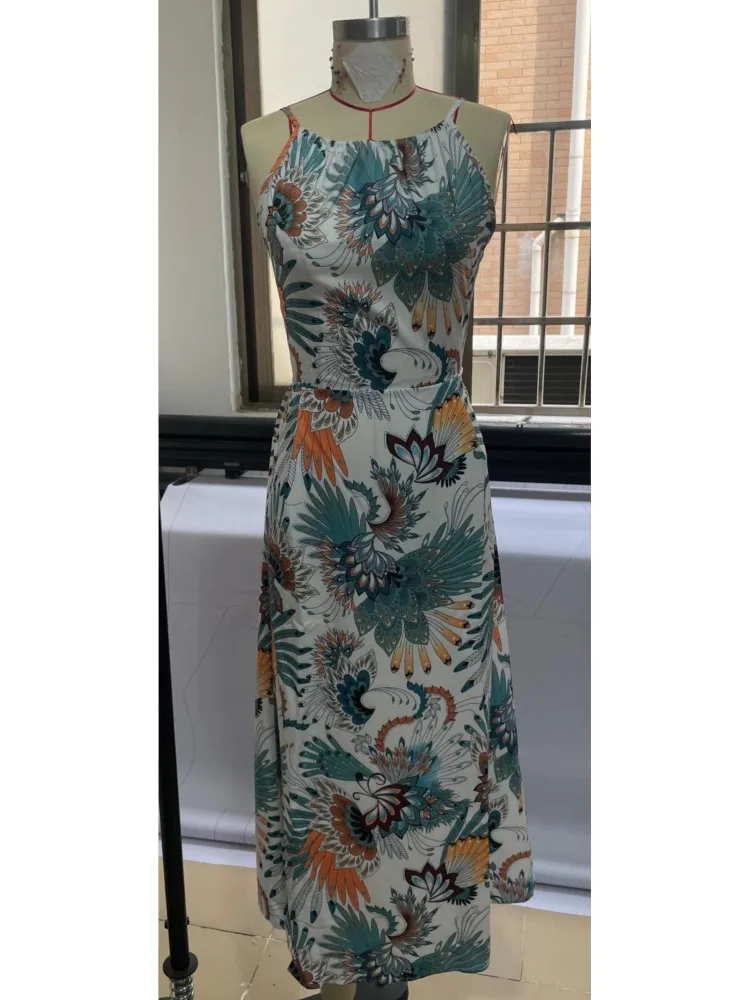 Sexy Backless Dresses For Women 2025 Summer Print Spaghetti Strap Long Dress Sexy Lace-up A-Line Vacation Boho Dress Vestidos