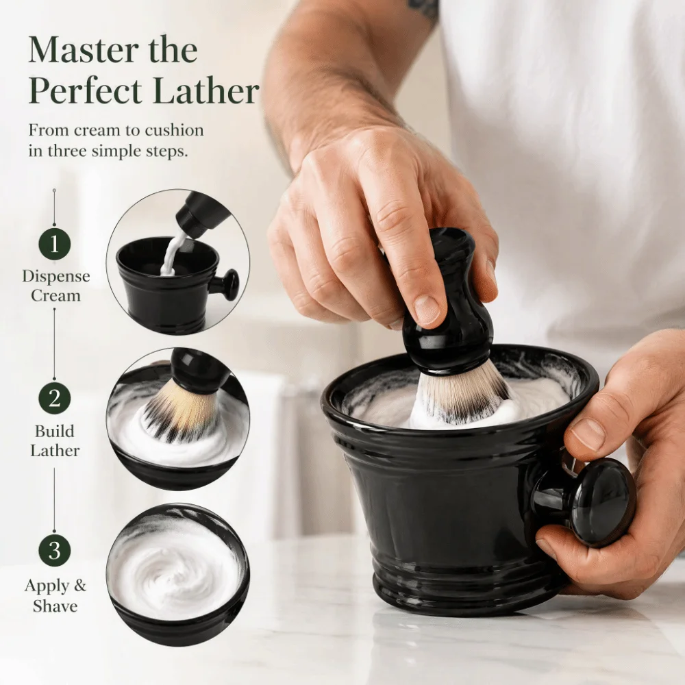 3PCS Soft Nylon Hair Shaving Brush Set Stainless Steel Bowl Black Men's Shaving Kit ABS Handle Brush Stand Holder