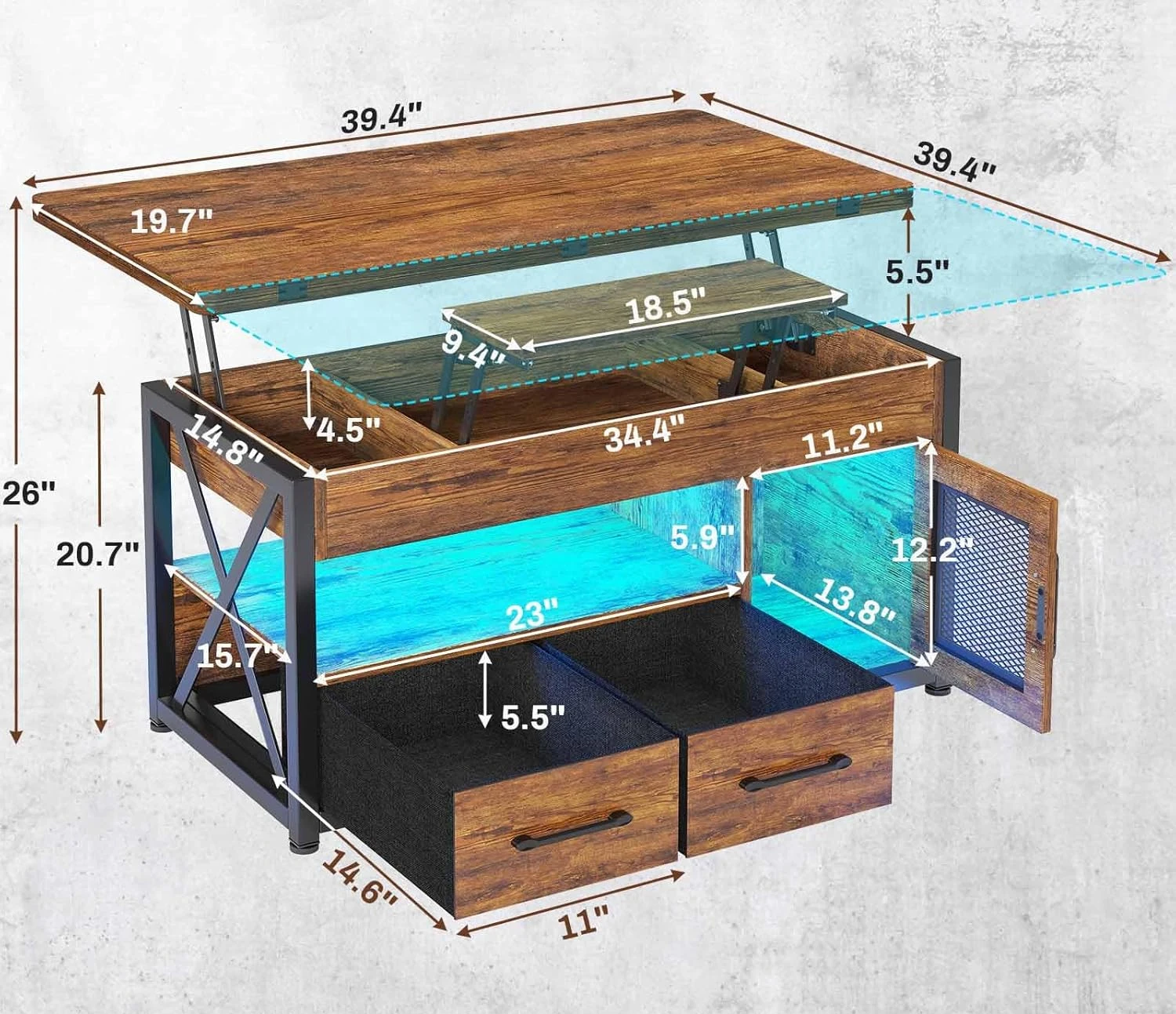 Mesa de centro elevatória de 40", armário de armazenamento 4 em 1 para sala de estar, luz LED pequena de fazenda para sala de jantar, marrom rústico