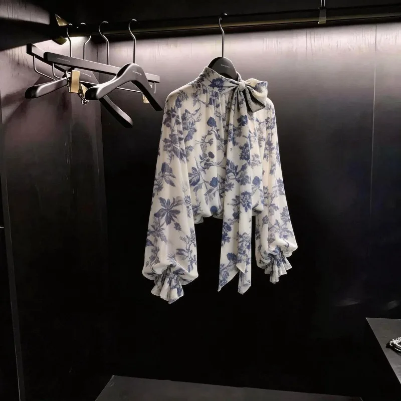 Luxury High-end Print Bow Long-sleeved Shirt Vintage Women Blouse Spring Autumn New Harajuku Top Shirts Blouse for Women Trend