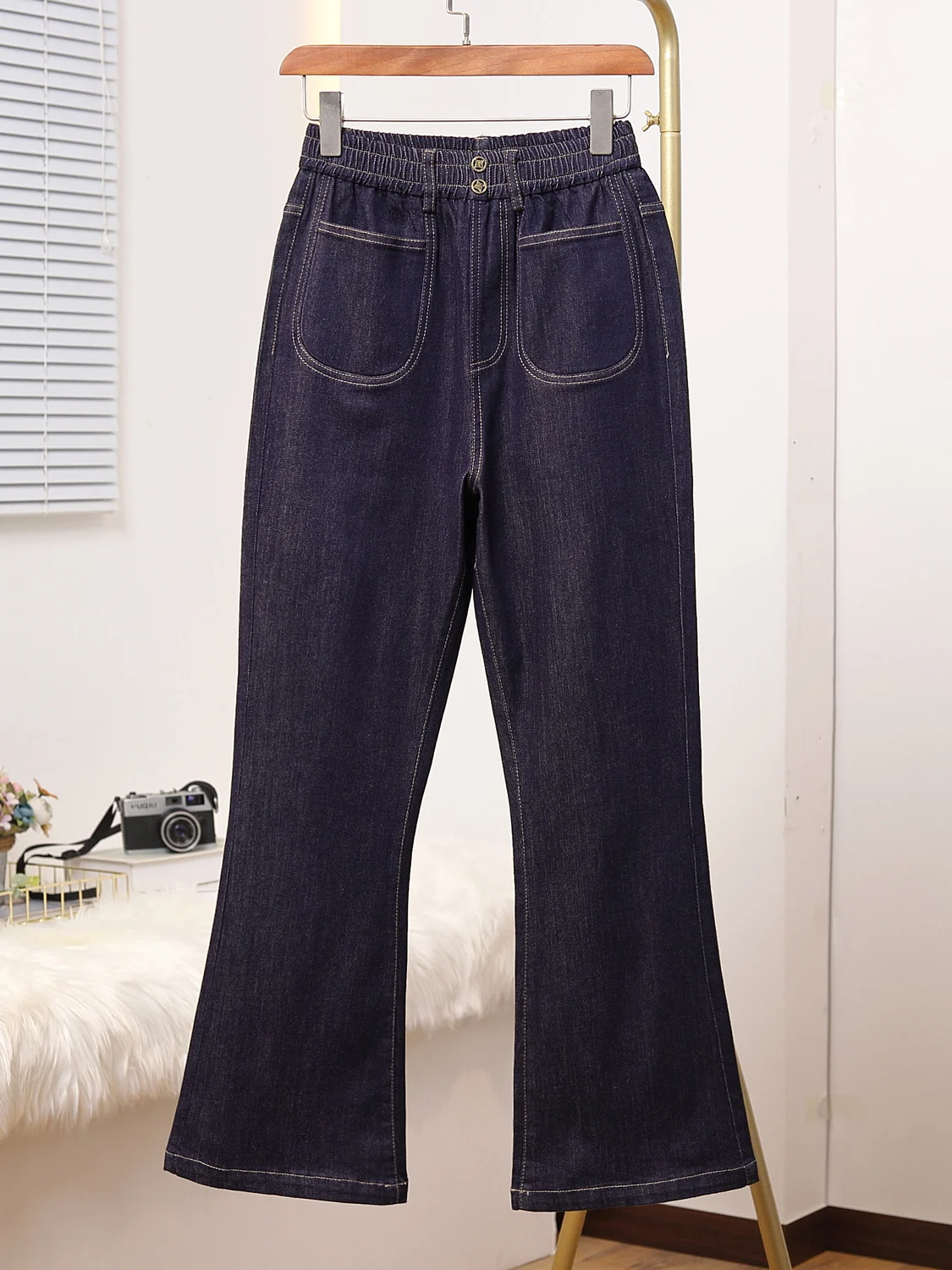 

plus Size High Waist Flared Jeans Women's Autumn Winter Loose Fit Fleece Lined Bell Bottom Pants Straight Leg Trousers