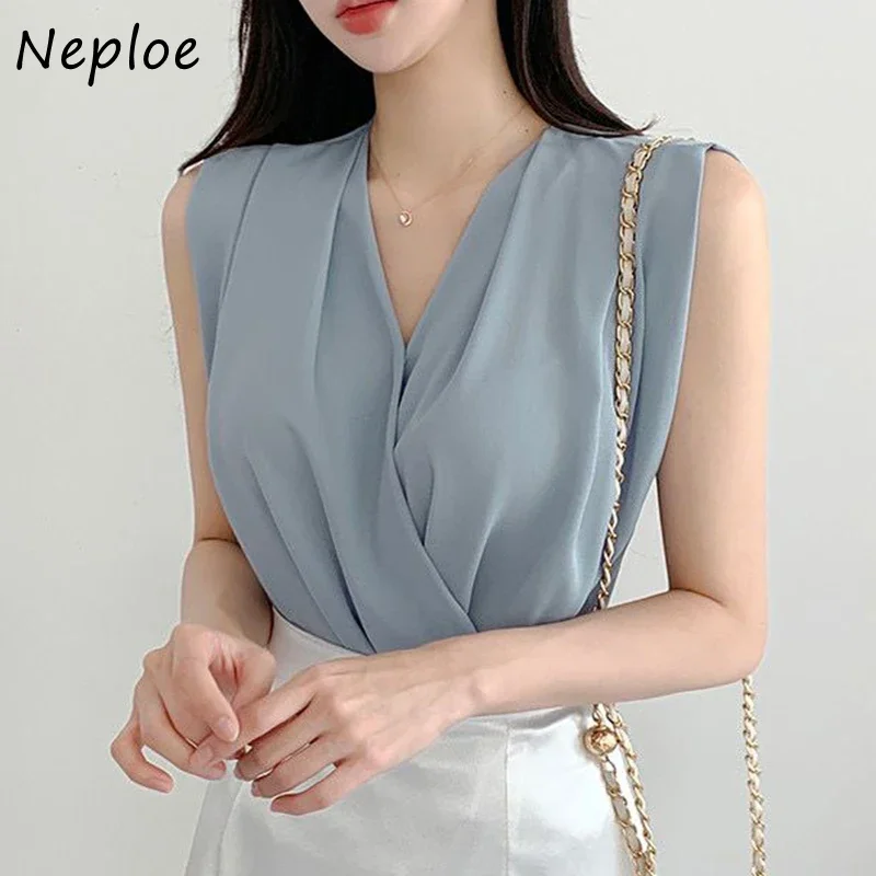 Neploe French Elegant V-Neck Crossover Design Blouse 2024 Summer Loose Versatile Sleeveless Blusa Ladies Chic Solid Color Shirt