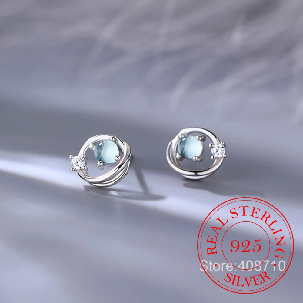 925 Sterling Silver Jewelry Blue Stone Cosmic Saturn Planet Stud Earrings for Women Girls Party Jewelry For Girls Friend Gift