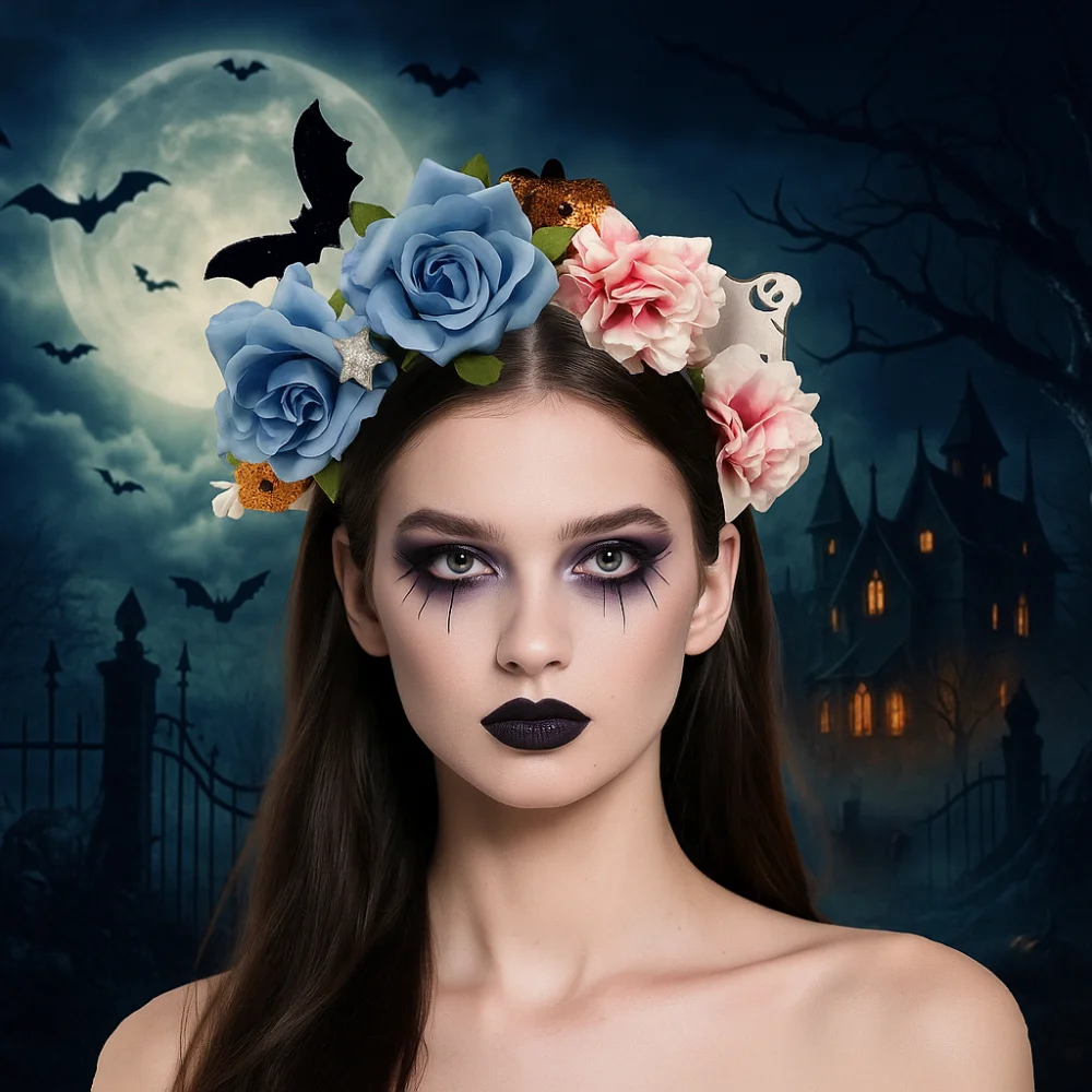 

Exaggerated Skull Head Headband Simulation Bat Colorful Halloween Hair Hoop Halloween Decor Funny Gothic Flower Hairband Cosplay