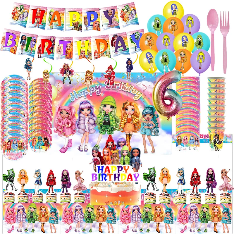 Regenbogen hohe Mädchen Puppe Geburtstags feier Dekoration Ballon Banner Kuchen Topper Geschirr Party liefert Baby party