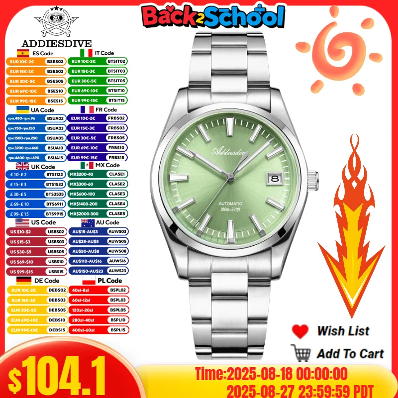 

ADDIESDIVE 39mm AD2077 Watch For Men BGW9 Super Luminous 10Bar Waterproof Japan NH35A Automatic Mechanical Watch reloj hombre