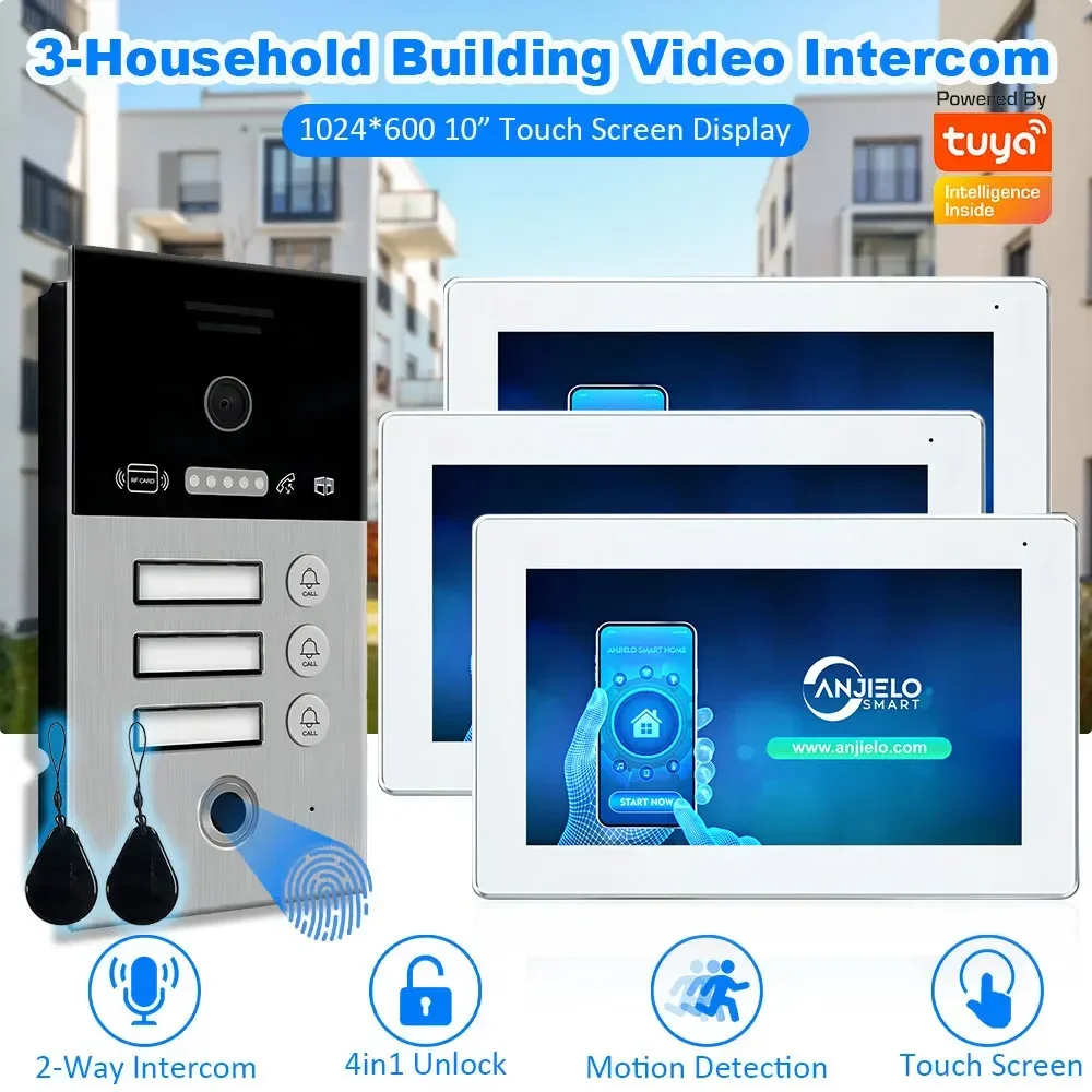 Tuya Smart Doorbell Video Intercom, impressão digital, cartão IC desbloqueio, prédio de apartamentos, tela sensível ao toque, Wi-Fi, 3 famílias, 7 ", 10"