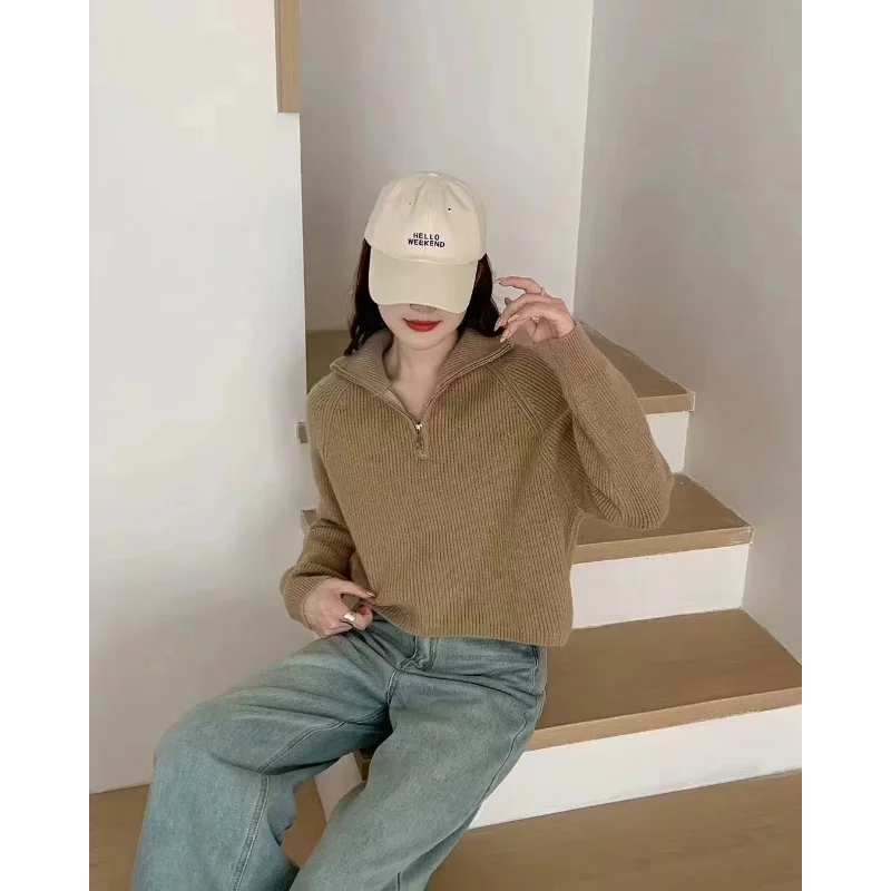 Nieuwe gesplitste damestop met hoge hals en ritssluiting, gebreide losse trui met dieptepunt en lange mouwen