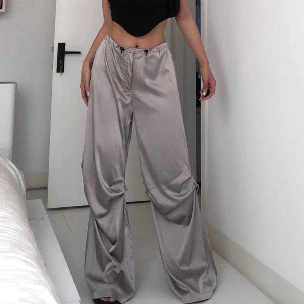 2023 Satijnen Cyber Y 2K Parachute Broek Gothic Grunge Fashion Baggy Casual Broekjes Streetwear Losse Broek Met Ruches Aan De Zijkant