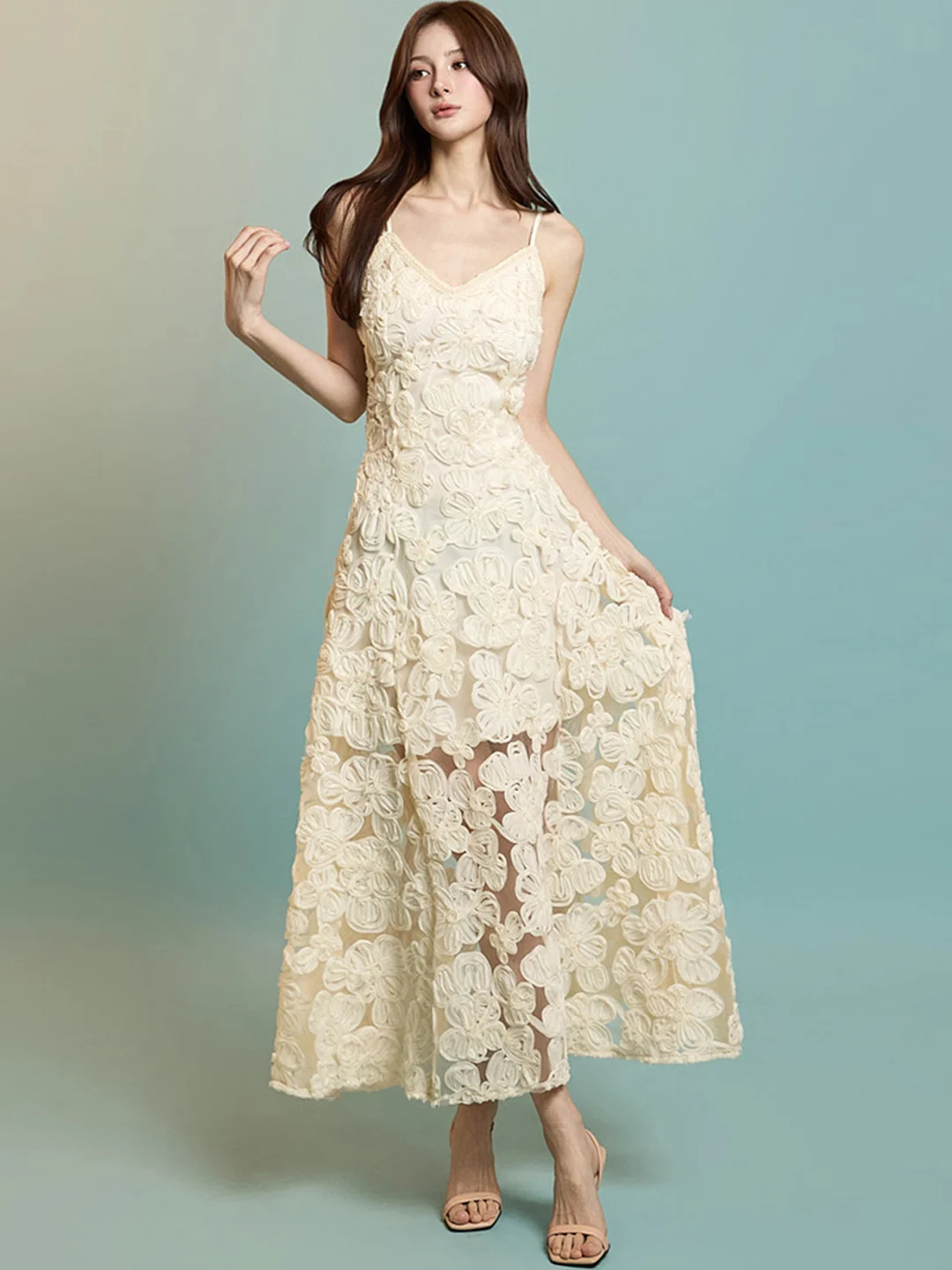 

Romantic Floral See-tough Bell Sve Slim Fit Strapl Dr Ele High Waist Polyester Fiber Summer Ci Commute A-lin...