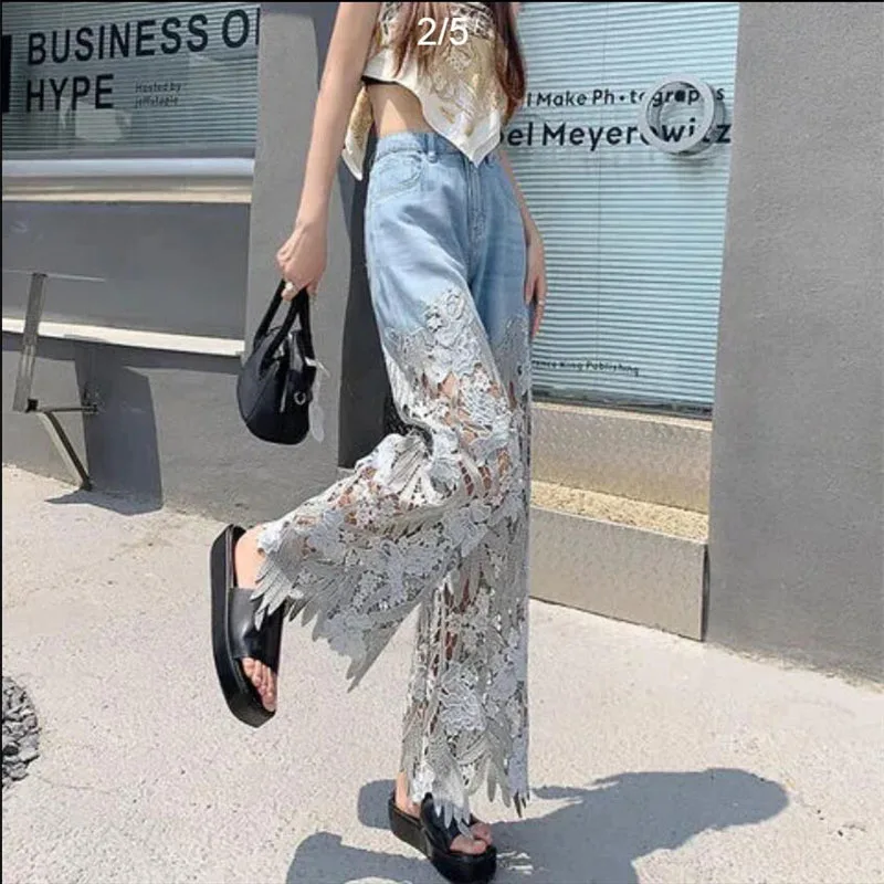 Imagem -02 - Calça Jeans de Perna Larga Feminina Jeans Reto Solto Feminino Cintura Alta a Céu Aberto Costura em Renda Nova Moda Primavera Verão 2023