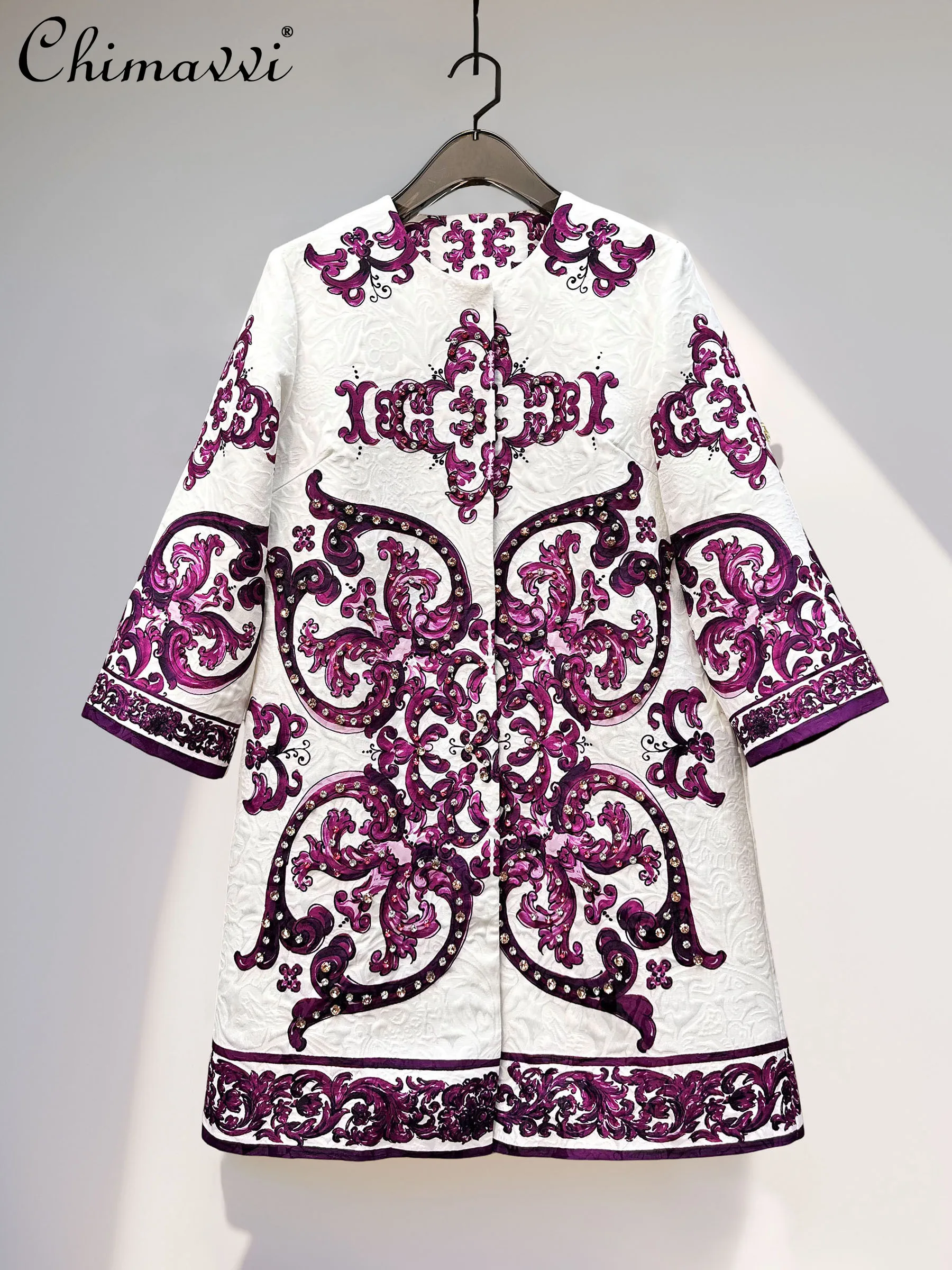 

French Style Women's Jacquard Print Diamond Long Jackets Round Neck Three-quarter Sleeve Loose Casual Trench Coats Women Autumn