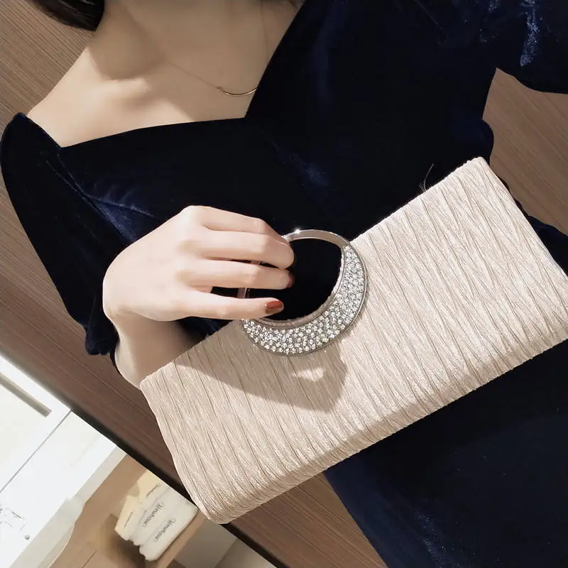 Crystal Handle Evening Dress Bag Wedding Party Storage Bag New pleated Evening bag Women\'s one-shoulder clutch bag