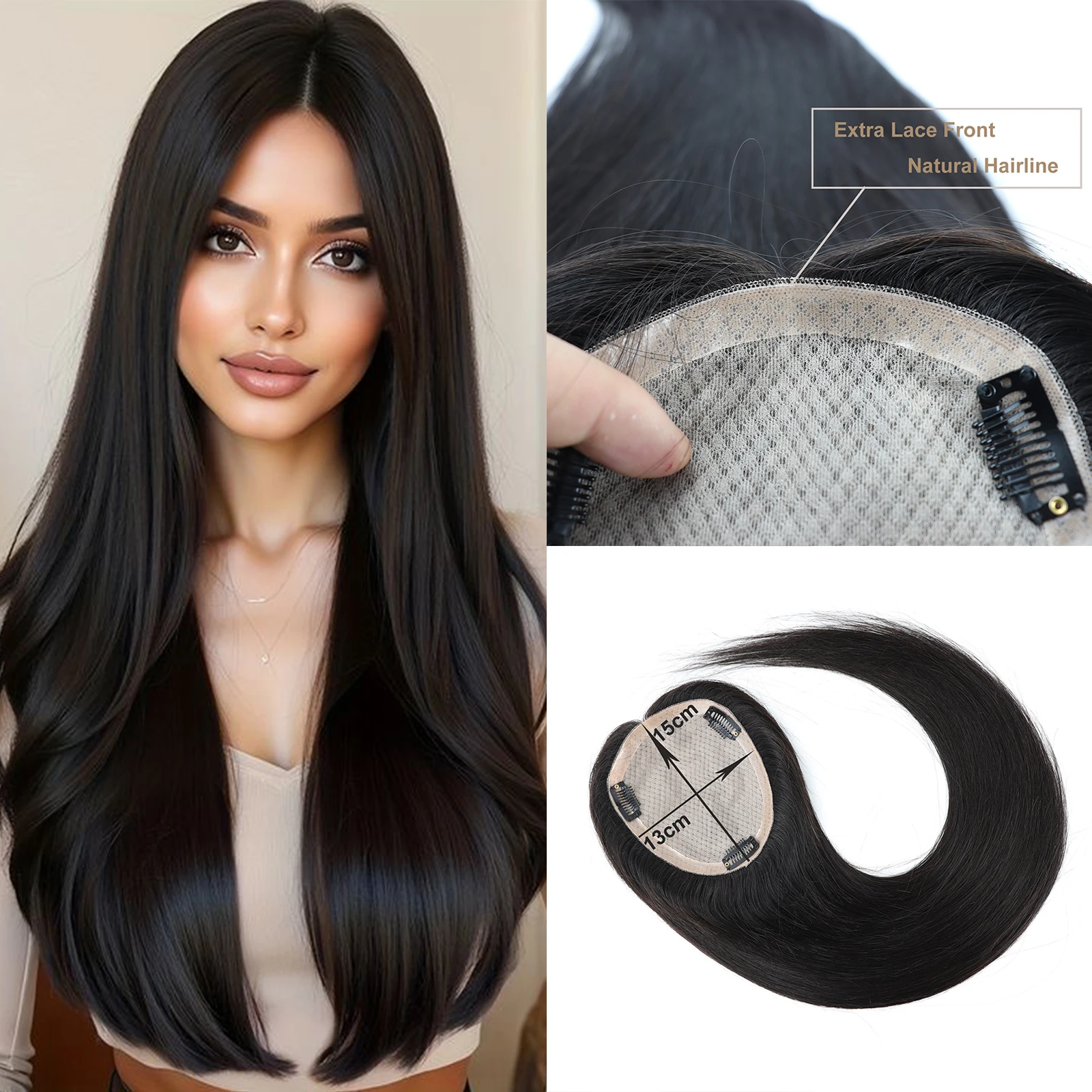 

24inch Human Hair Topper with Clips in Real Remy Brazilian Hair Silk Base Toupee for Women Long Hair Extra Lace Front Breathable
