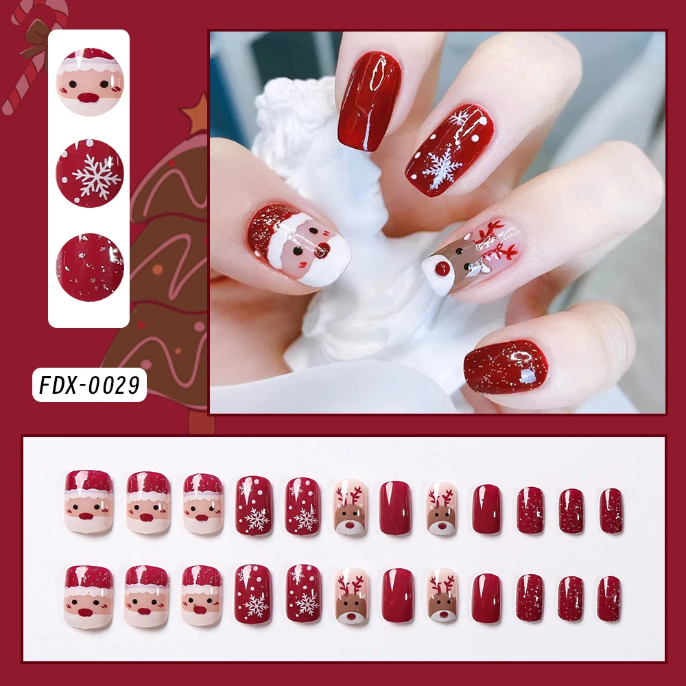 24 pièces mignon noël court carré presse sur ongles père noël Elk dessin animé faux ongles blanc flocon de neige brillant nouvel an faux ongles #