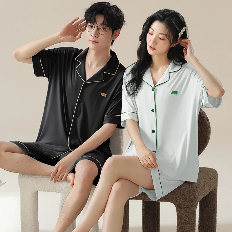 

Korean Fashion Couples Nightwear Modal Short Sleepwear Women and Men Matching Pjs Pyjamas Solid Color Homewear pijama mujer