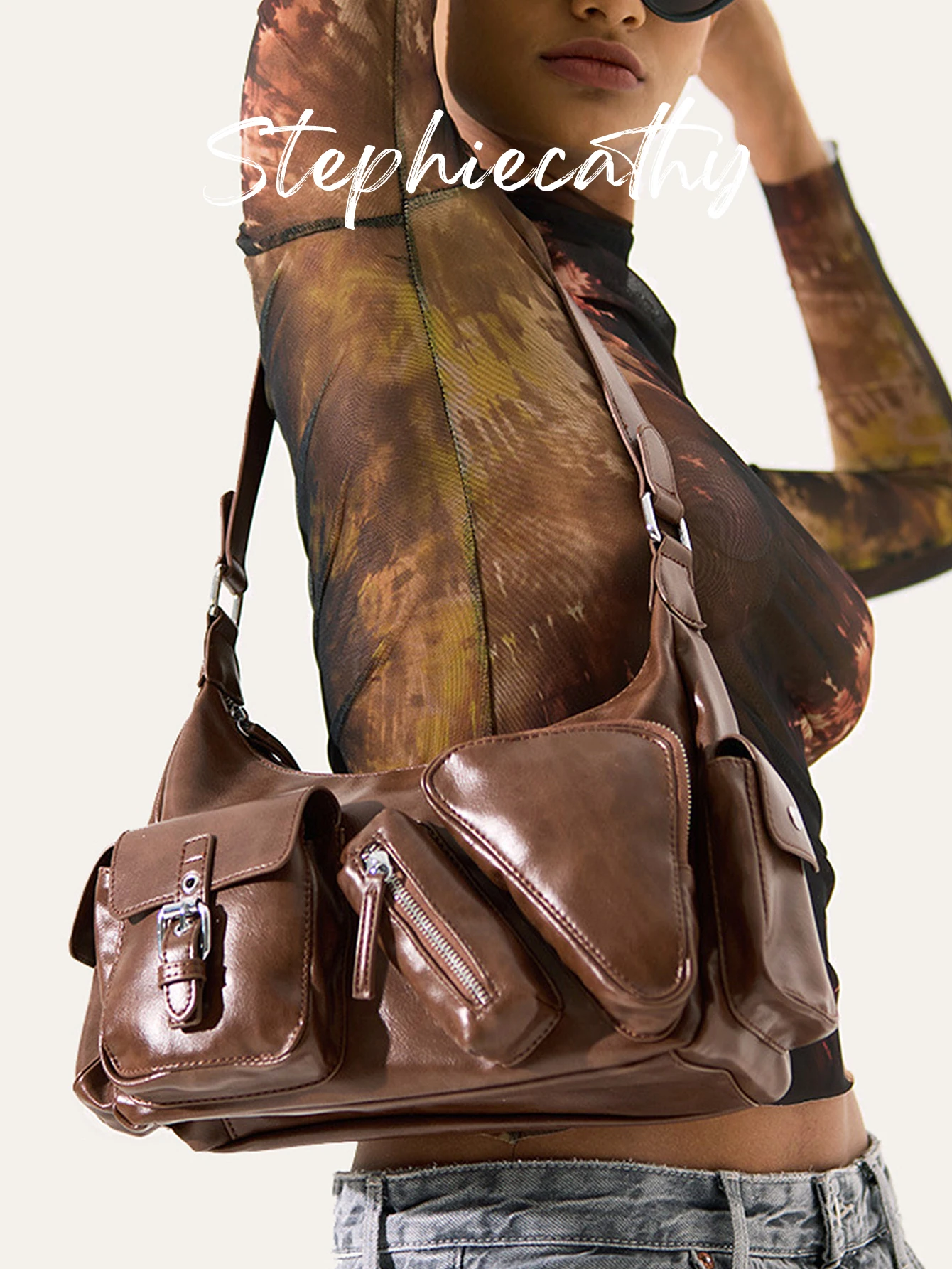 

SC Women's Fashion PU Vegan Leather Hobo Multi Functional Pockets Underarm Bag Street Style Cool Girl Handbag Daily Shoulder Bag