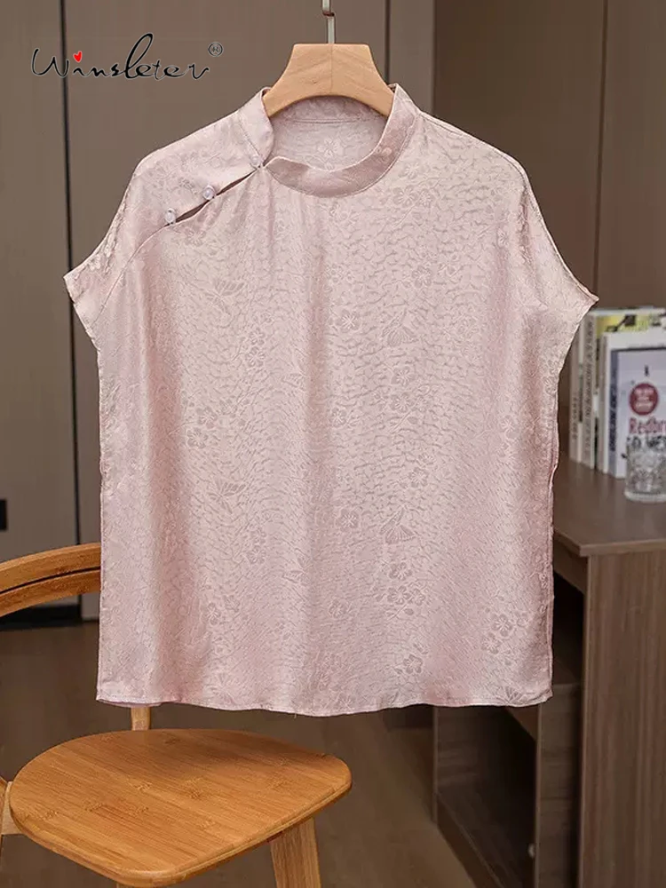 

Winsleter, 100%Real Silk Elegant T-Shirt, Woman Short Sleeve Jacquard, Vintage Chinese Style Tops, 2024 Summer Autumn T469121QC