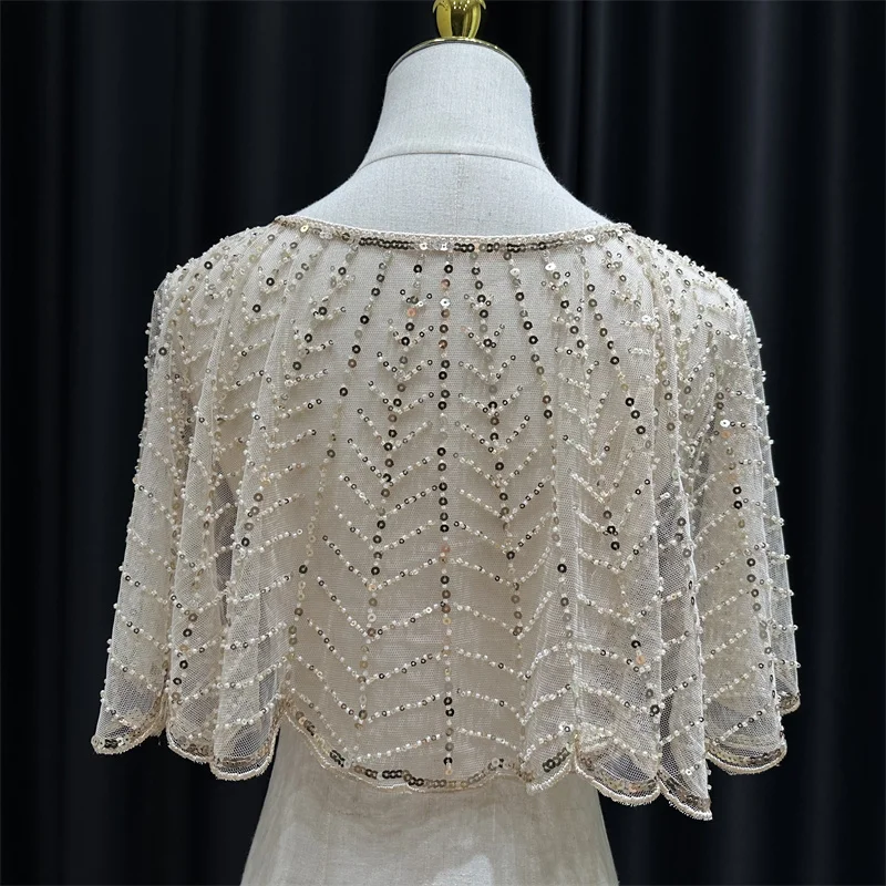 Beading &Sequin Leaf  Shawl Elegant Sparkly Cape Breathable Mesh Short Cardigan Women Trend Dress Accessories For Party Prom 03