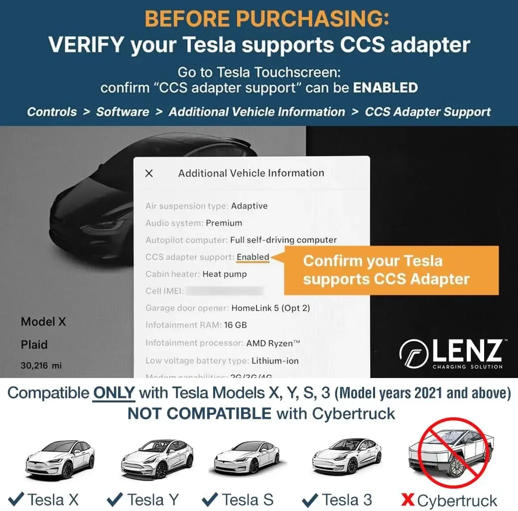 CCS1 to Tesla Adapter for Tesla Models 2021 and After [Not Compatible with Cybertruck], Charge speeds up to 250 kW at DC Level 3