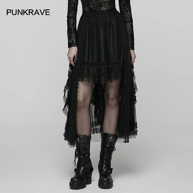 

PUNK RAVE Women's Gothic Two-piece Set Detachable 3Dsteel Structure Corset Dress Mesh Skirt Club Dark Long Skirts Spring Summer