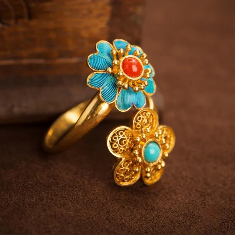 Natural Southern red Tourmaline Flower Open Ring Chinese Retro Palace Style Unique Ancient gold craft luxury ladies jewelry