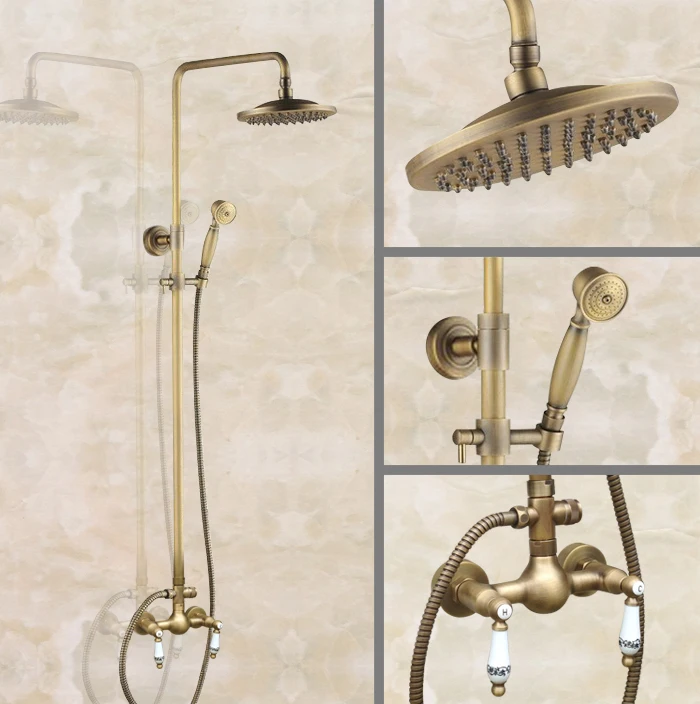 

Antique Brass Wall Mounted Bathroom Shower Faucet Set Rainfall/Handheld Shower Hot And Cold Water Mixer Taps Kit Dan103