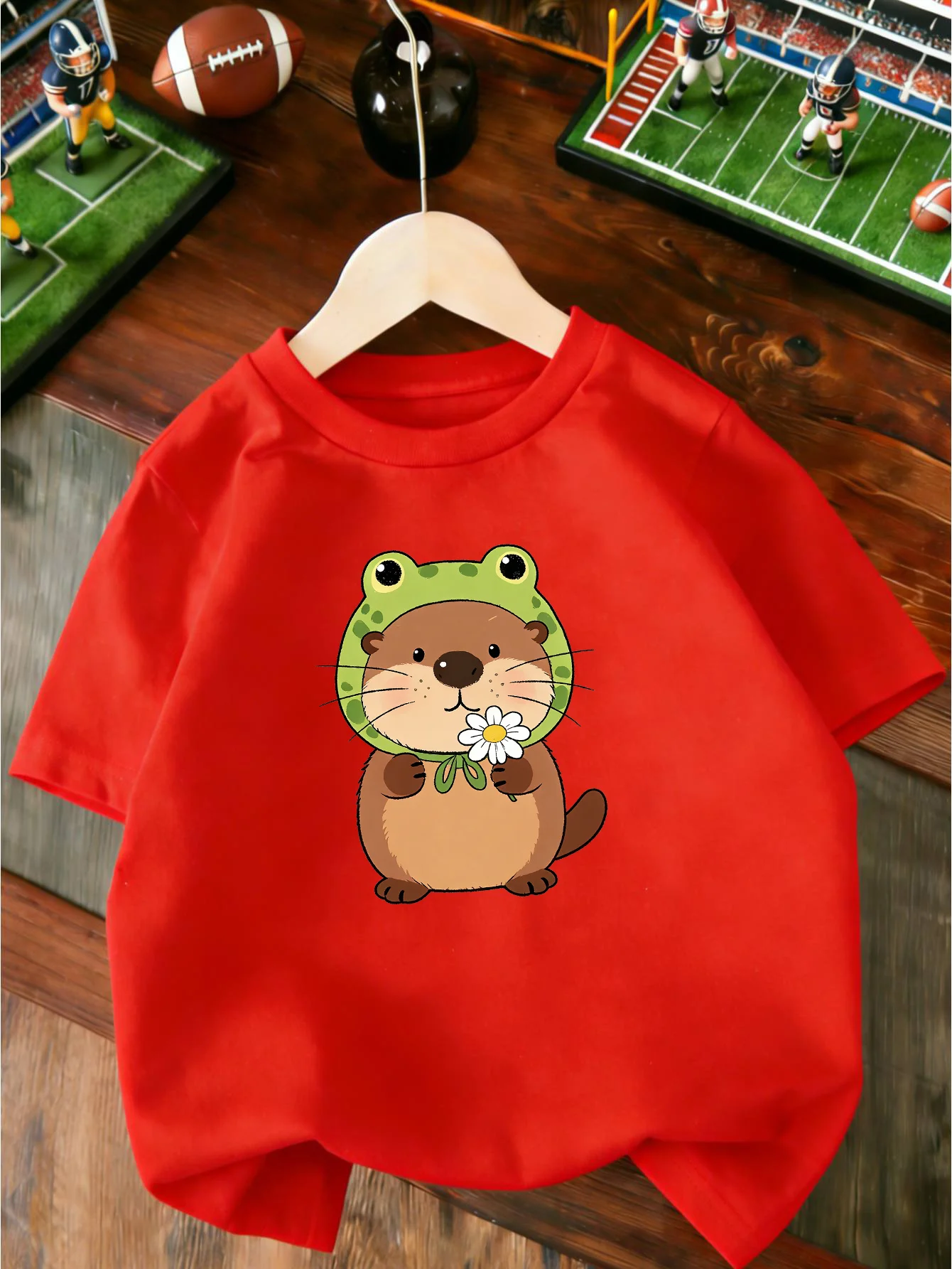 Cute Cartoon Otter With Frog Hat Holding Daisy Flower Lovely Animal Graphic Print T Boys Girls Kids Short Sleeve Daily Tees