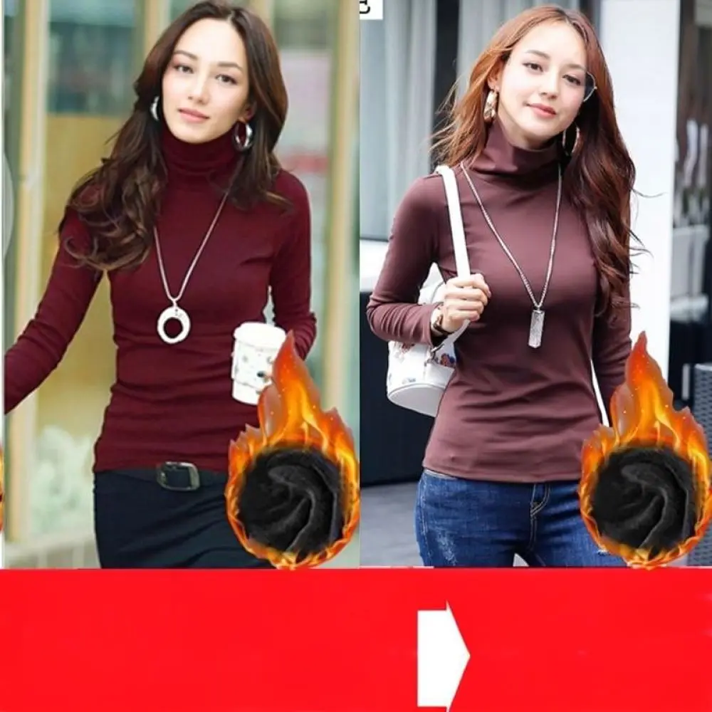Thermal Undershirt Women Long Sleeve Turtleneck T Shirt Autumn Winter Warm Soft Velvet Lining Slim Fitting Base Layer