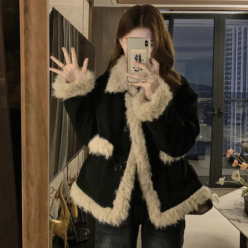 

Warm Wool Tweed Jacket Coats Women Winter Korean Style Fur Warm Black Long Sleeve Jackets Woman Pockets Single-Breasted Outwear