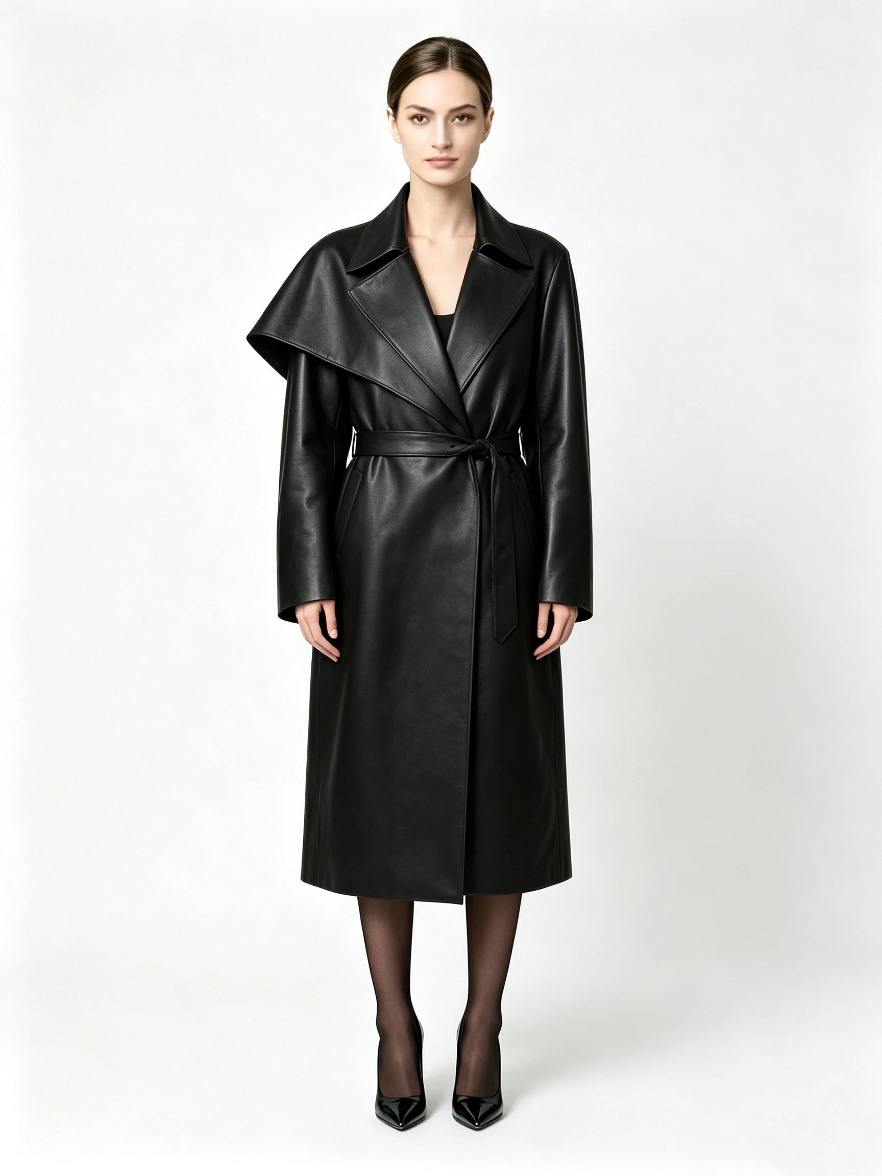 Women's Long Faux Leather Trench Coat with Oversized Cape Collar and Belted Waist