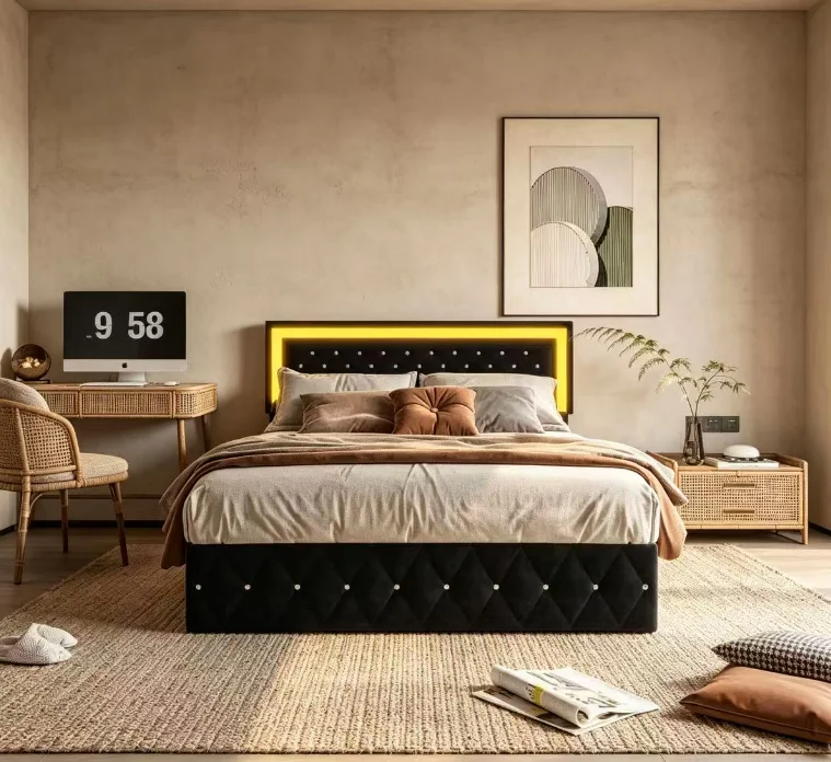 Cama Tapizada Fangange de 160x200cm con Almacenamiento Hidráulico y Estructura de Listones, Base de Cama con Almacenamiento y Luces LED RGB Inteligentes
