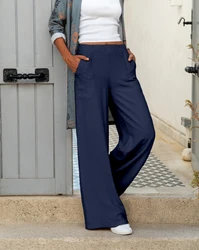 Women Fashion Elastic Waist Wide Leg Long Trousers Pockets Casual Solid Loose Female Elegant All Match Pants New