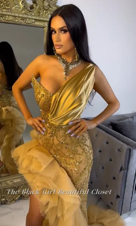 Golden Legend Customized Evening Dress One Shoulder Spliced Neck Waisted Fishtail Hem Asymmetric Ruffle Tulle Trim Floor Length