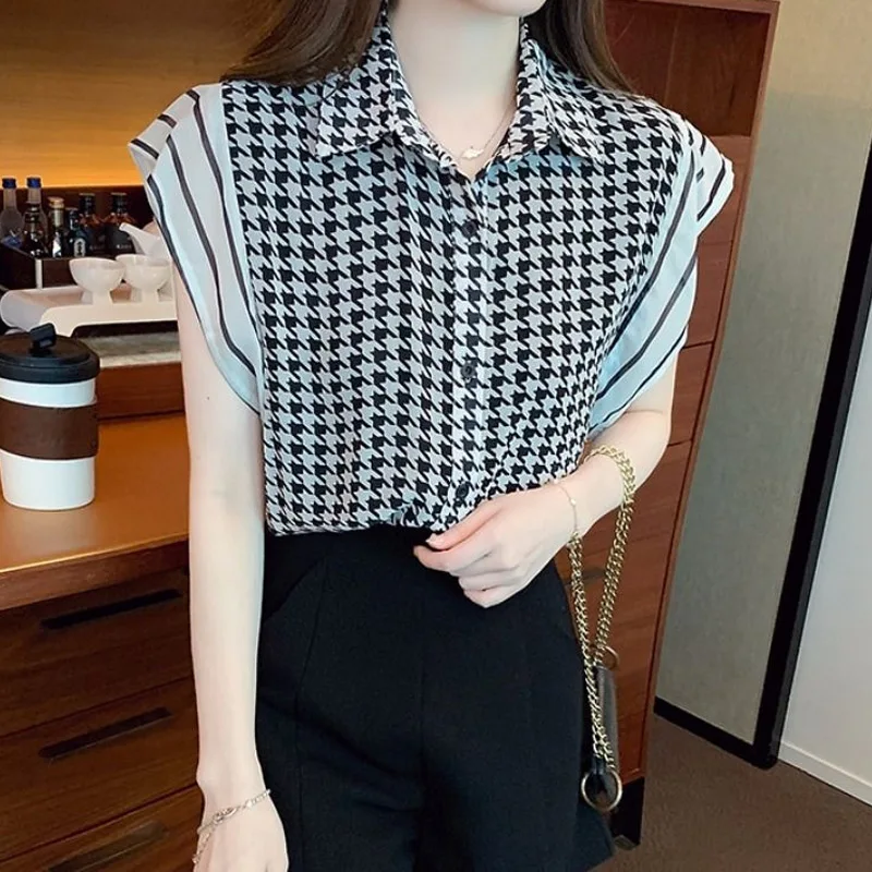 Temperament Plaid Patchwork Blouse Summer New Polo Neck Thin All-match Youth Elegant Shirt Tops Fashion Korean Women Clothing