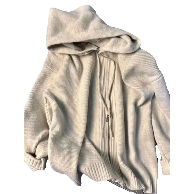 Women Double Zipper Hooded Knit Cardigan Loose Thick Knitted Hoodie Outerwear Spring Autumn Winter Casual Sweater Coat