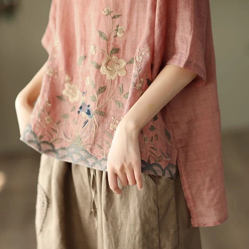 2024 novas mulheres algodão linho bordar flor camisa o pescoço solto topo meia manga pulôver chinês tradicional hanfu blusa