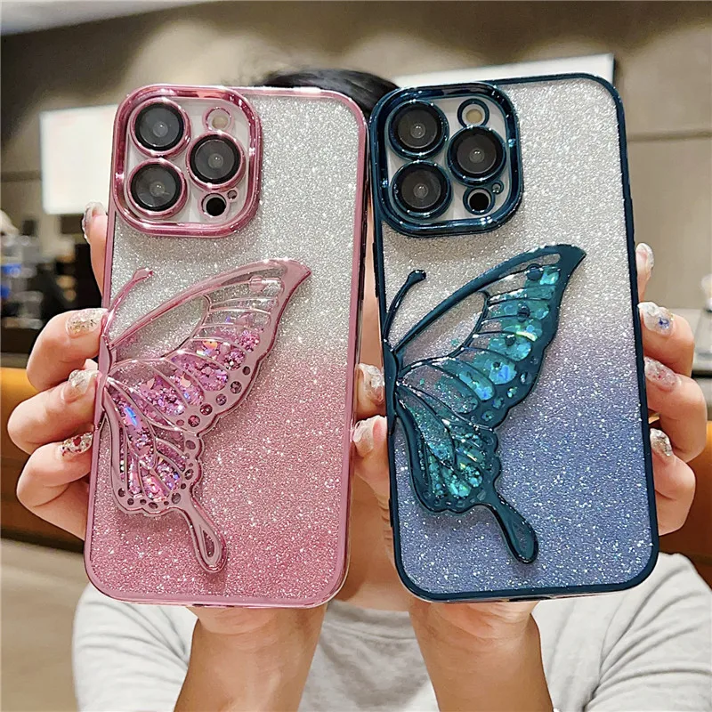 Lovebay Gradient Butterfly Glitter Sparkling Quicksand Case For iPhone 15 14 11 12 13 Pro Max Camera Protective Shockproof Cover