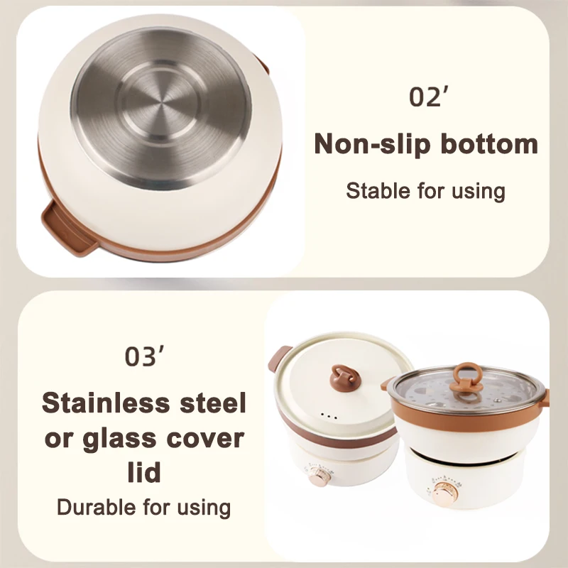 Electric Cooking Pot Foldable Hotpot Travel Portable Multicooker Dormitory Split Type Rice Cooker Frying Pan Food Steamer 2.5L