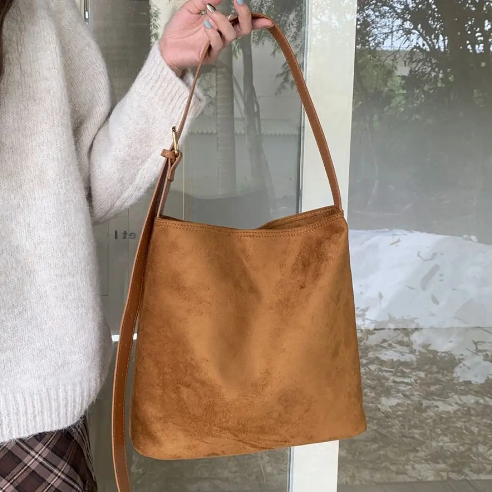 

Fashion Vintage Suede Bucket Bag Brown Handbag Matte Pu Leather Shoulder Bag Fashion Large Capacity Underarm Bag Ladies