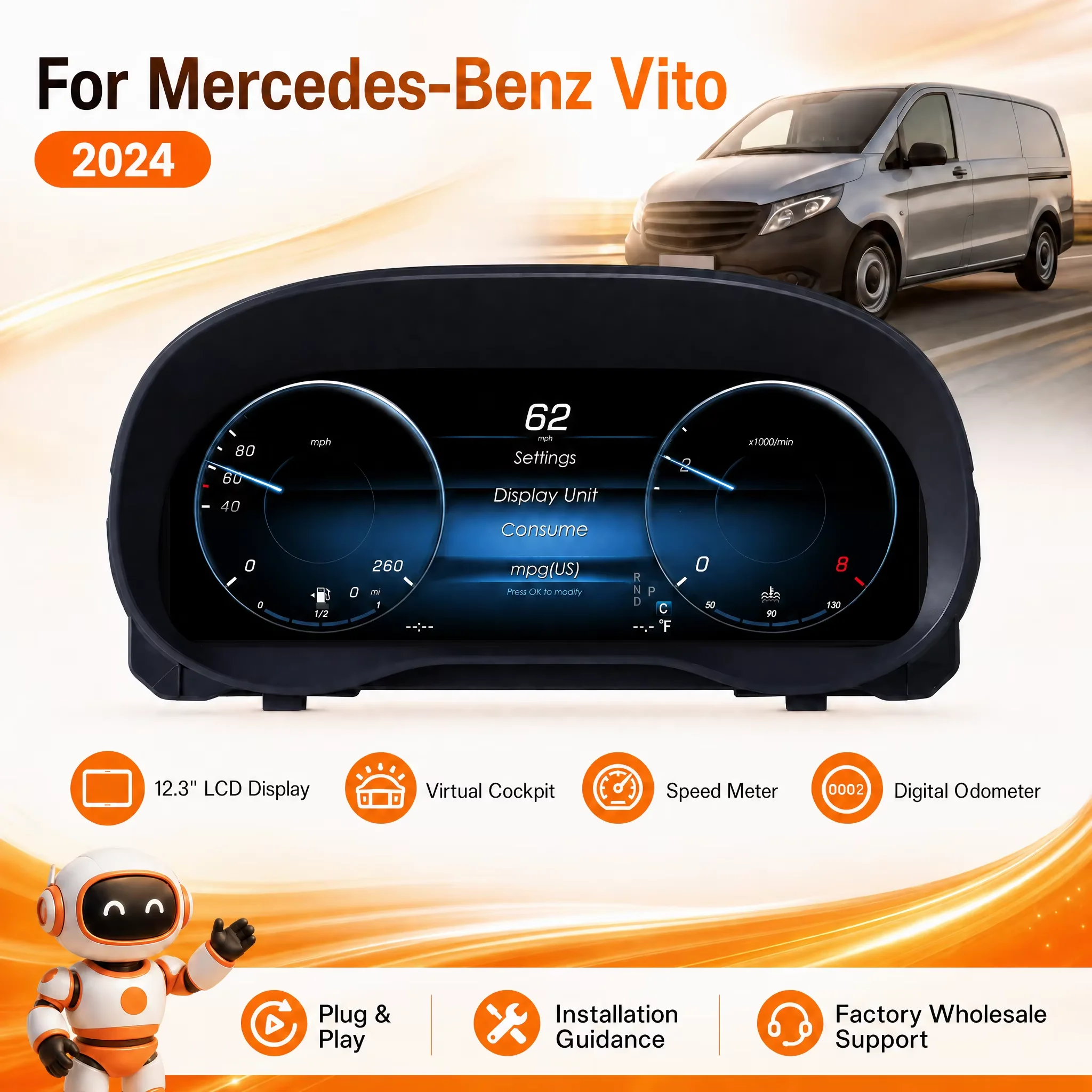 12.3" Digital Instrument Cluster For Mercedes-Benz Vito 2024 LCD Dashboard Virtual Cockpit Odometer Screen
