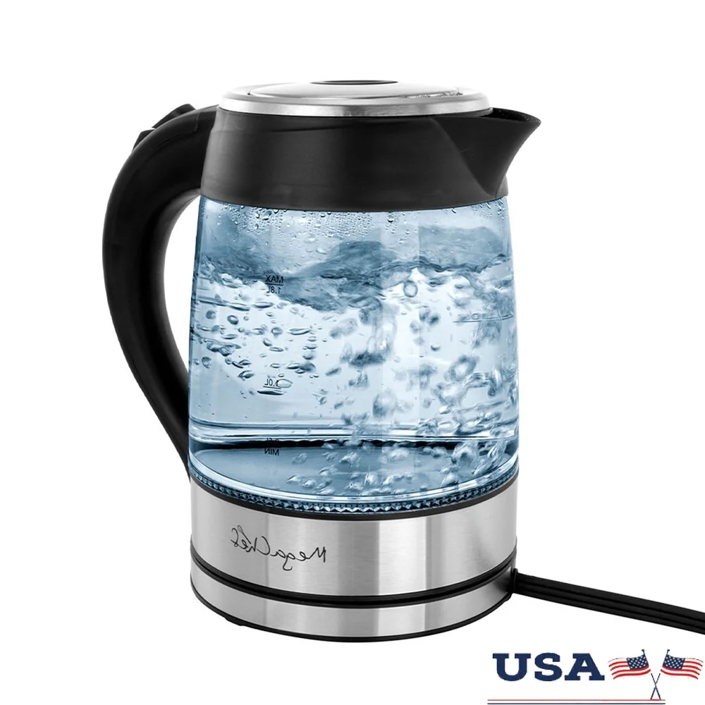غلاية شاي كهربائية من زجاج البورسليكات العالي سعة 1.8 لتر مع عنصر تسخين من الفولاذ المقاوم للصدأ وإيقاف تلقائي وتصميم لاسلكي LED