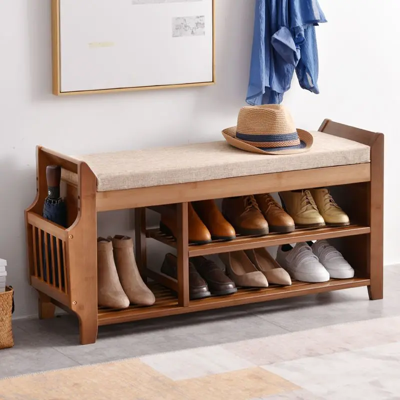 Luxury Entryway Storage Bench Large Capacity Upholstered Shoes Stool Bamboo Shoe Changing Stool