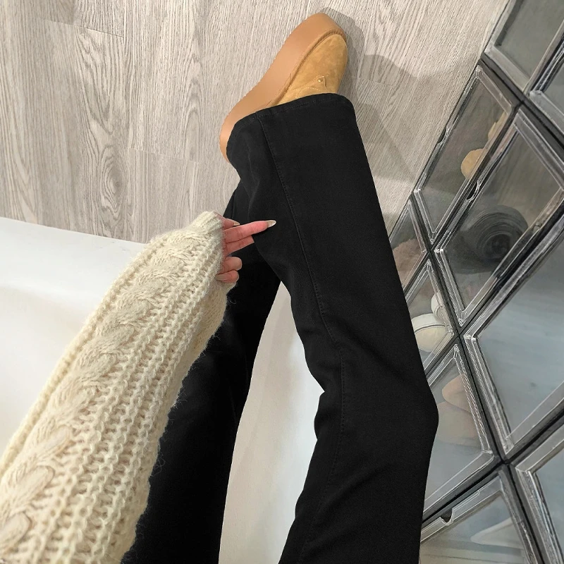 Black High Waist Bell Bottom Jeans Women's Spring Autumn Casual Cotton High Waist Micro Flared  Hoof Pants for Pear Shap...