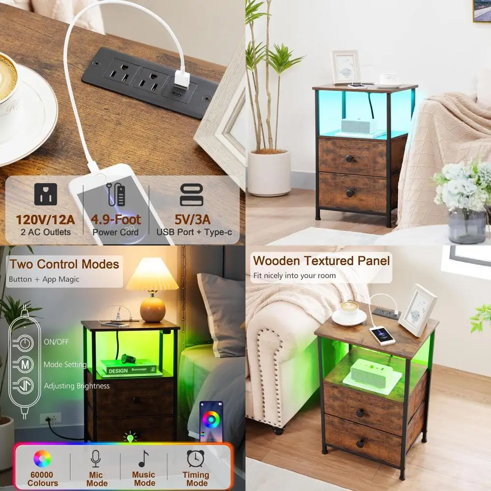 

Компактная светодиодная тумбочка с зарядным портом и тканевыми ящиками, торцевой столик для небольших помещений, коричневая прикроватная мебель